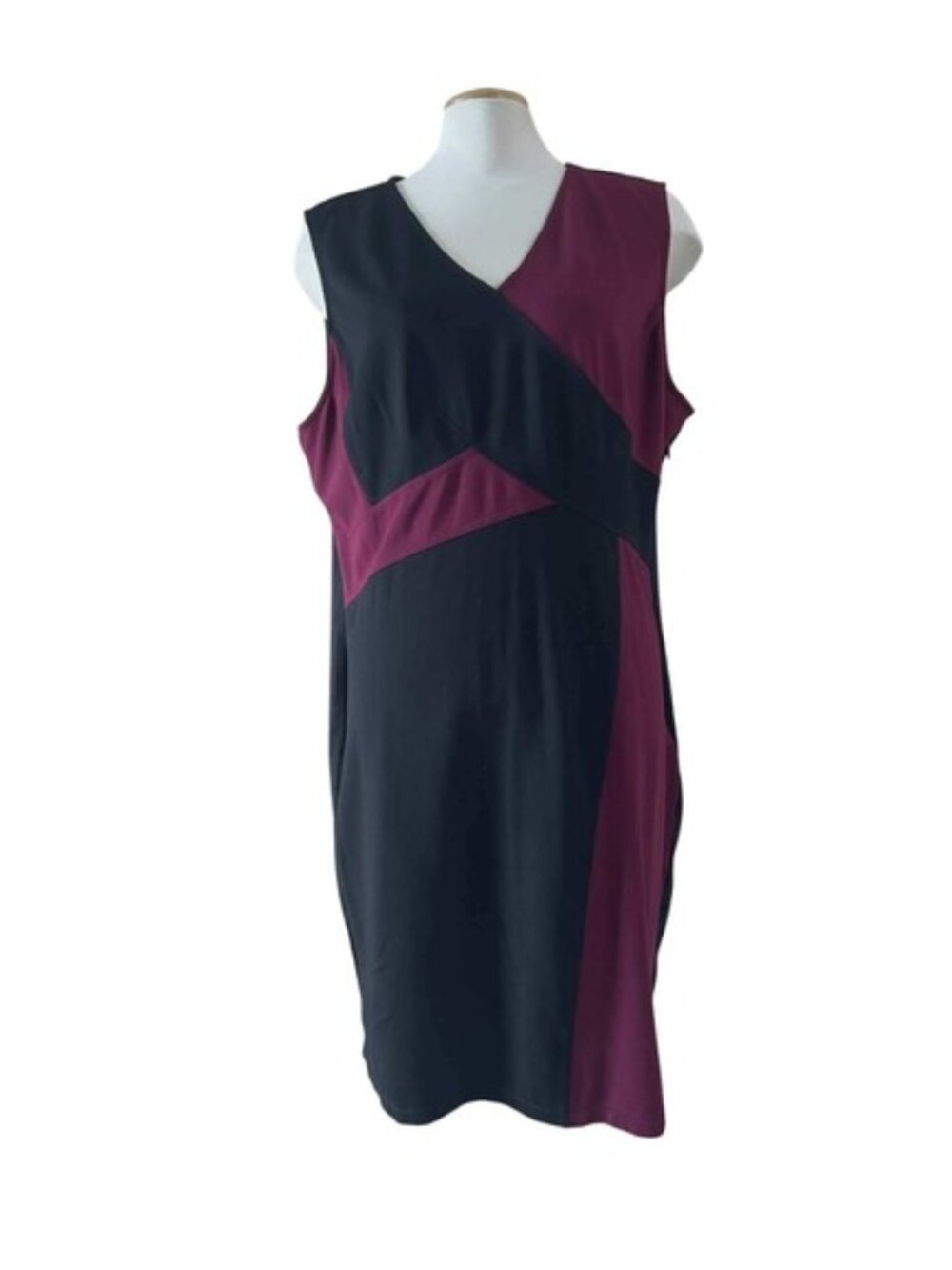 Rickis Womens Black Burgundy Colorblock V-Neck Sleeveless‎ Sheath Dress Size 16